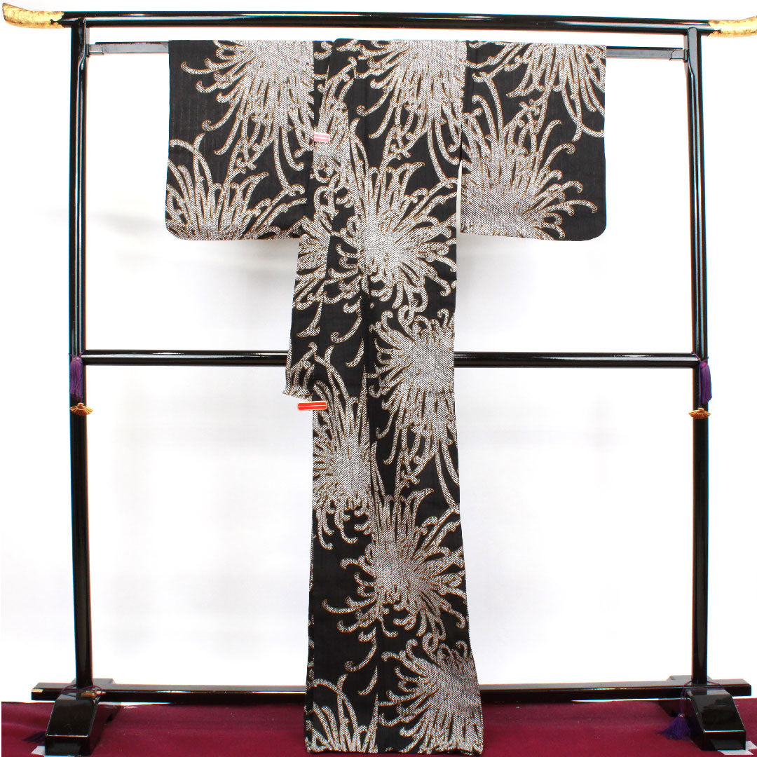 浴衣 こむさでもーど 糸菊 木綿 Sランク 単衣 身丈173.5cm 裄丈68cm 黒系 1118003102610