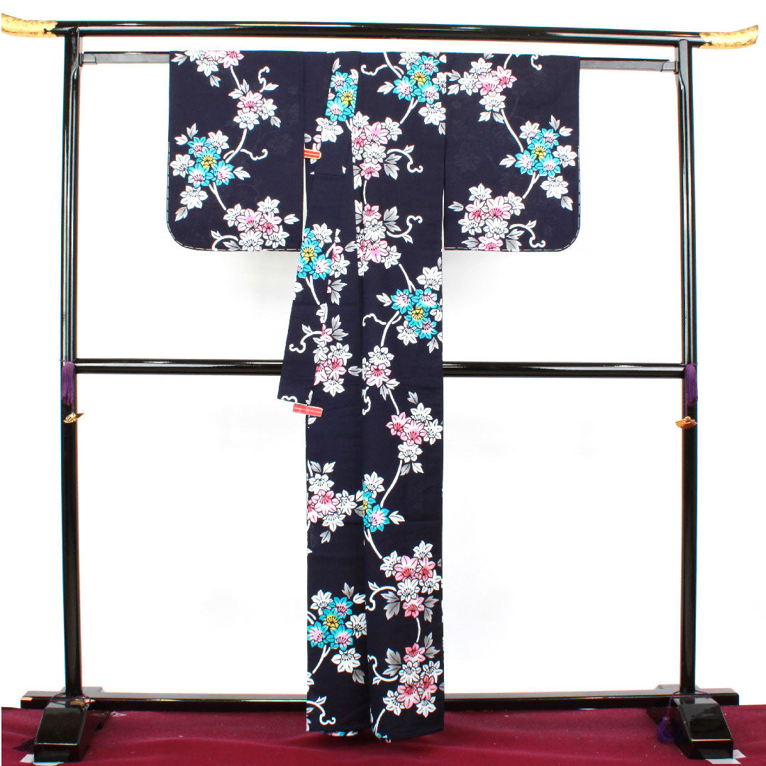 Yukata with basting thread, unused, dark navy blue, abstract pattern, cotton, S rank, single layer, length 160cm, sleeve length 62cm, navy blue, 1118002942418