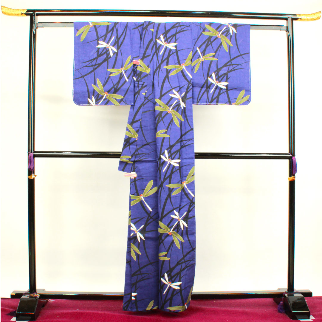 Yukata with basting thread, unused, blue-purple, dragonfly, cotton, S rank, single layer, length 162cm, sleeve length 64.5cm, purple, 1118002882420