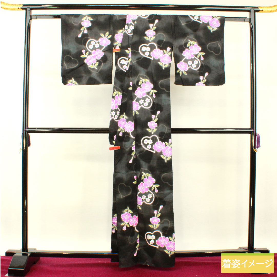 浴衣 木綿 身丈163.5cm 裄丈67cm Sランク 単衣 黒系 ハート 桜 1118005152410