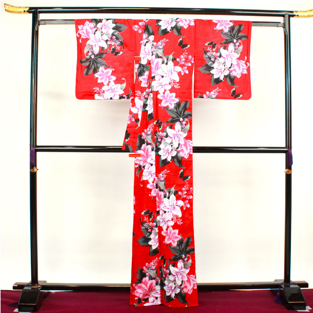 浴衣 赤紅色 ハイビスカス 蝶 木綿 Sランク 単衣 身丈166cm 裄丈65.5cm 赤系 1118002402512