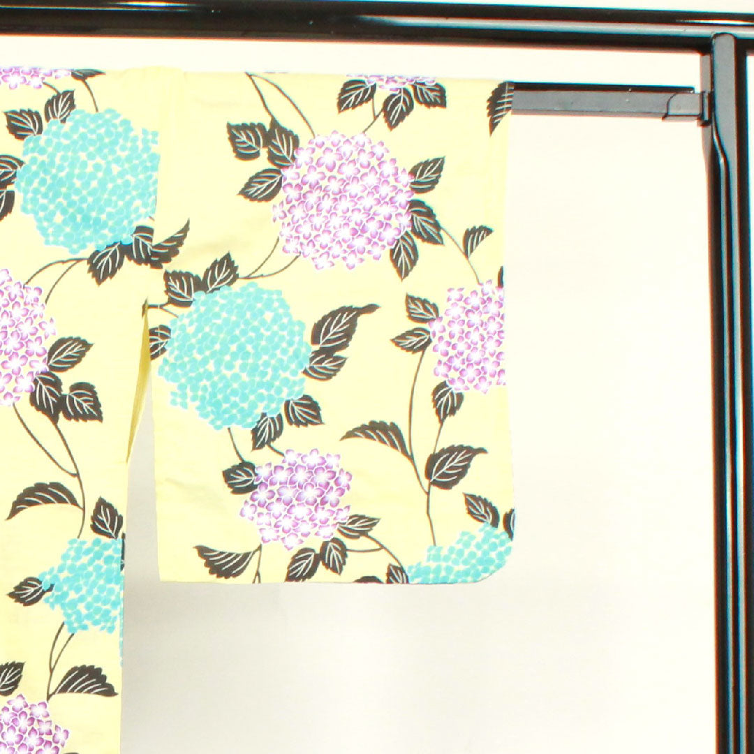 Yukata, pale yellow, hydrangea, cotton, S rank, single layer, length 164.5cm, sleeve length 63cm, yellow, 1118002612423