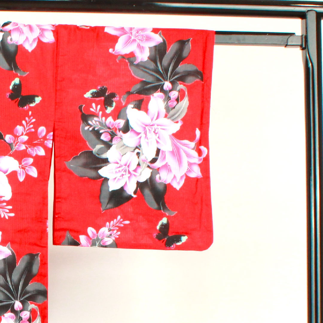 浴衣 赤紅色 ハイビスカス 蝶 木綿 Sランク 単衣 身丈166cm 裄丈65.5cm 赤系 1118002402512