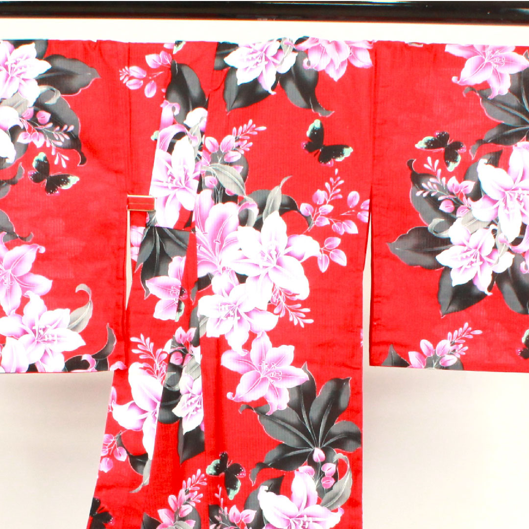 浴衣 赤紅色 ハイビスカス 蝶 木綿 Sランク 単衣 身丈166cm 裄丈65.5cm 赤系 1118002402512