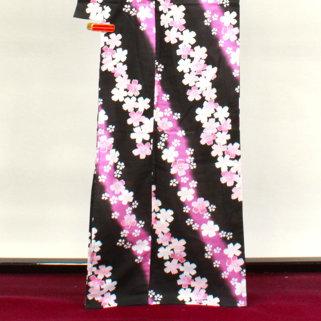 浴衣 桜 木綿 Sランク 単衣 身丈165cm 裄丈65.5cm 黒系 1118002782510