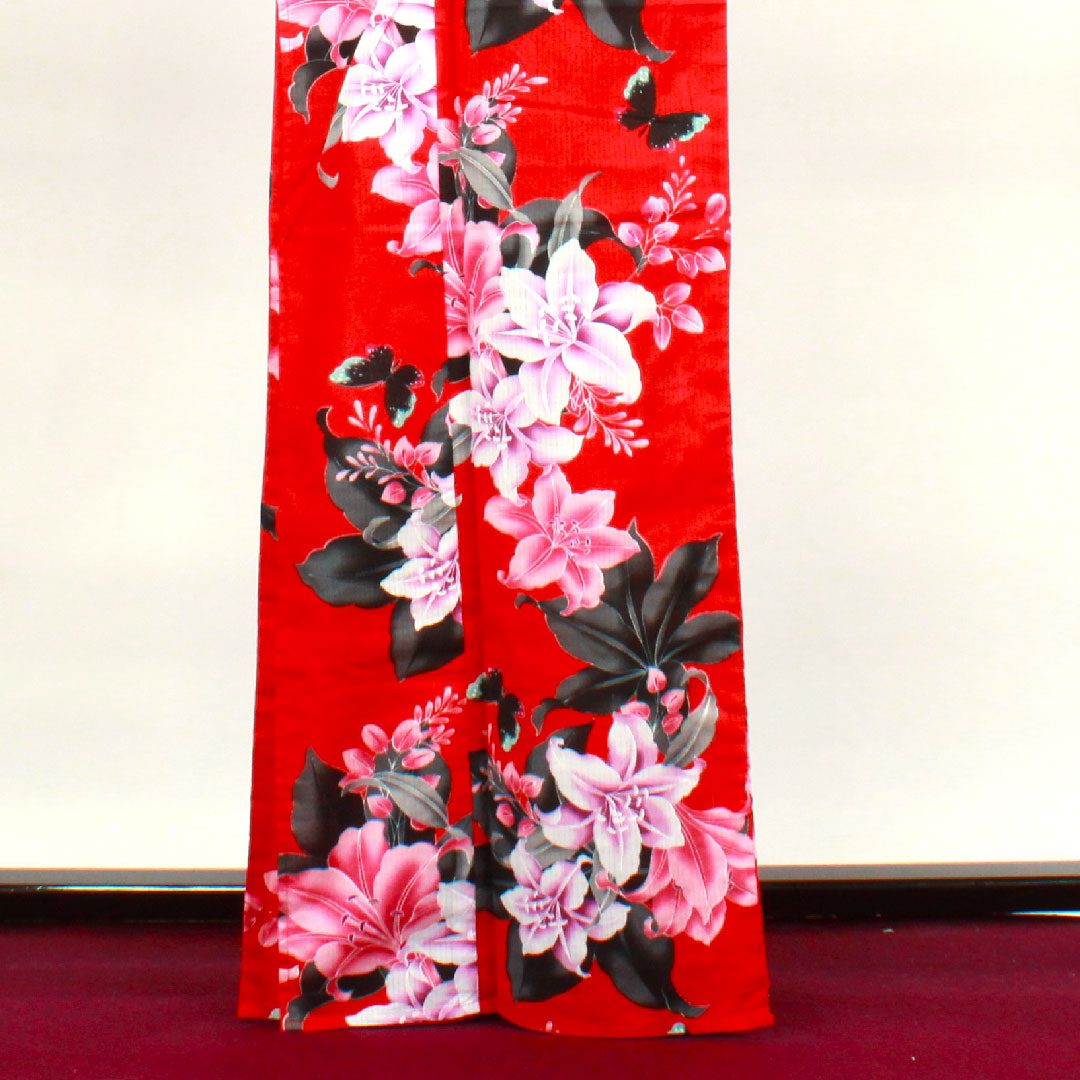 浴衣 赤紅色 ハイビスカス 蝶 木綿 Sランク 単衣 身丈166cm 裄丈65.5cm 赤系 1118002402512