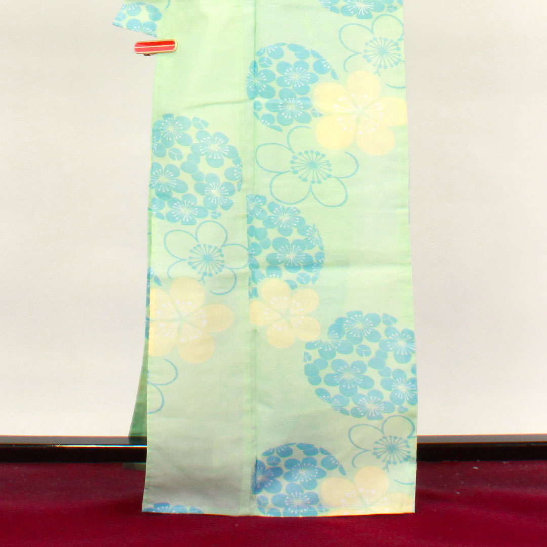 浴衣 薄緑色 梅 木綿 Sランク 単衣 身丈167cm 裄丈66cm 緑系 1118003812519