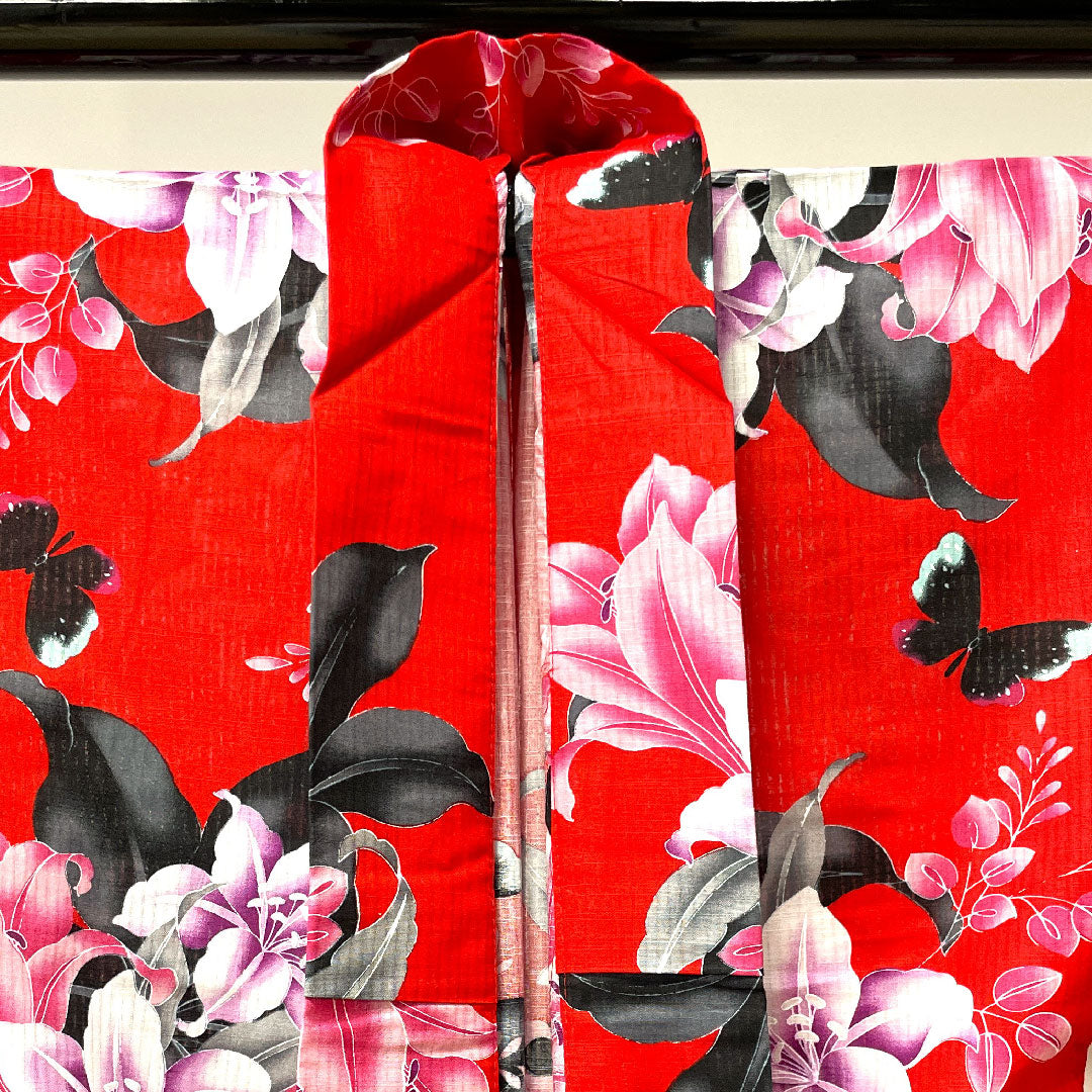 浴衣 赤紅色 ハイビスカス 蝶 木綿 Sランク 単衣 身丈166cm 裄丈65.5cm 赤系 1118002402512