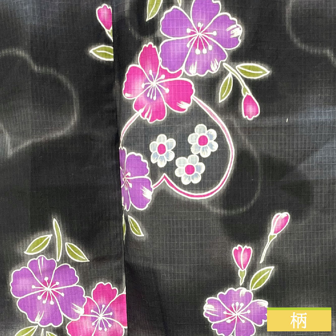 浴衣 木綿 身丈163.5cm 裄丈67cm Sランク 単衣 黒系 ハート 桜 1118005152410