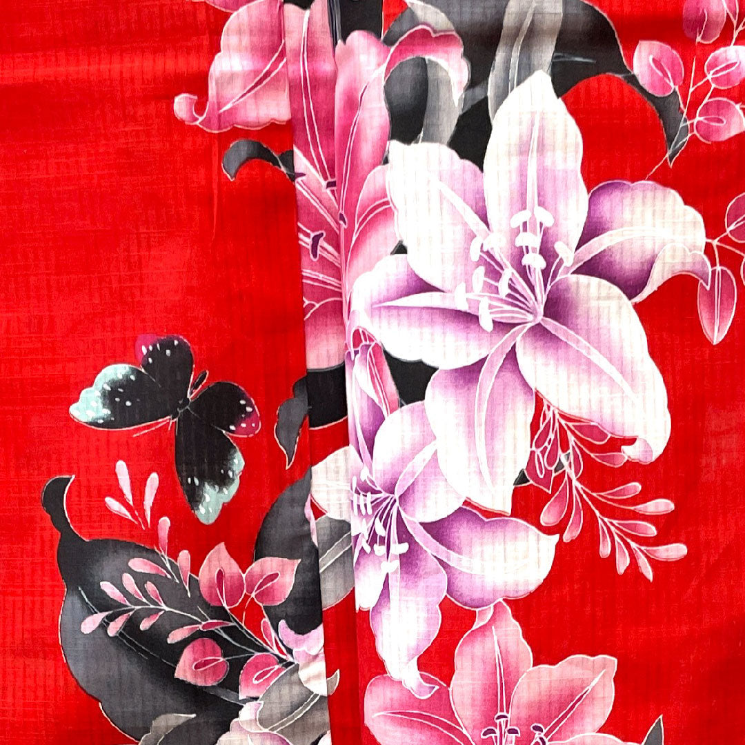 浴衣 赤紅色 ハイビスカス 蝶 木綿 Sランク 単衣 身丈166cm 裄丈65.5cm 赤系 1118002402512