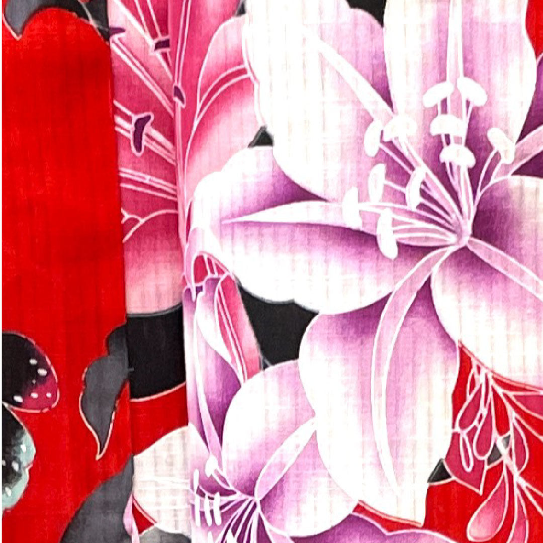 浴衣 赤紅色 ハイビスカス 蝶 木綿 Sランク 単衣 身丈166cm 裄丈65.5cm 赤系 1118002402512