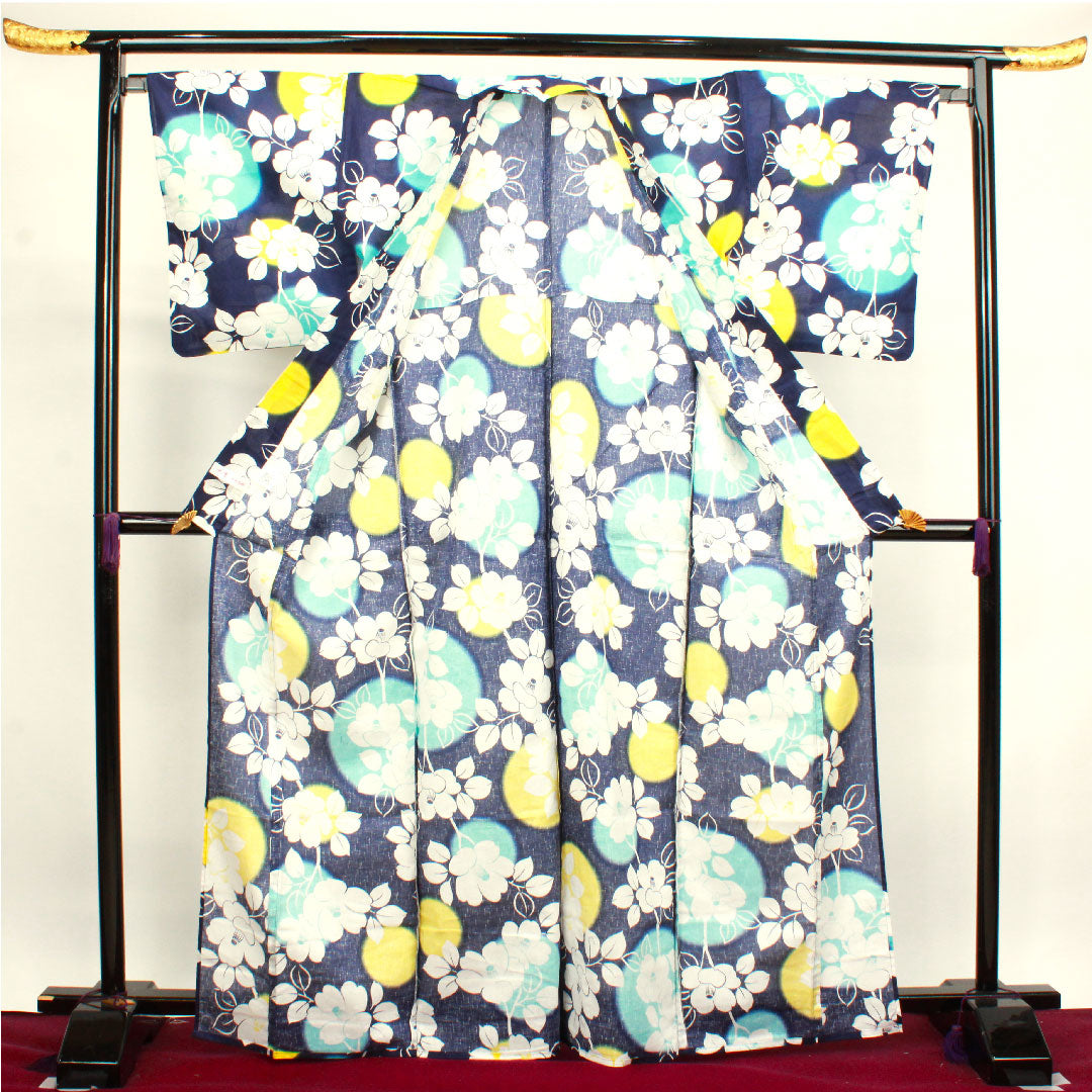 浴衣 濃紺色 椿 木綿 Sランク 単衣 身丈166.5cm 裄丈67cm 紺系 1118002792518
