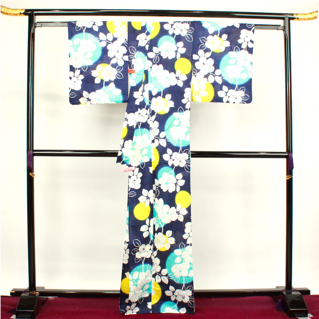浴衣 濃紺色 椿 木綿 Sランク 単衣 身丈166.5cm 裄丈67cm 紺系 1118002792518