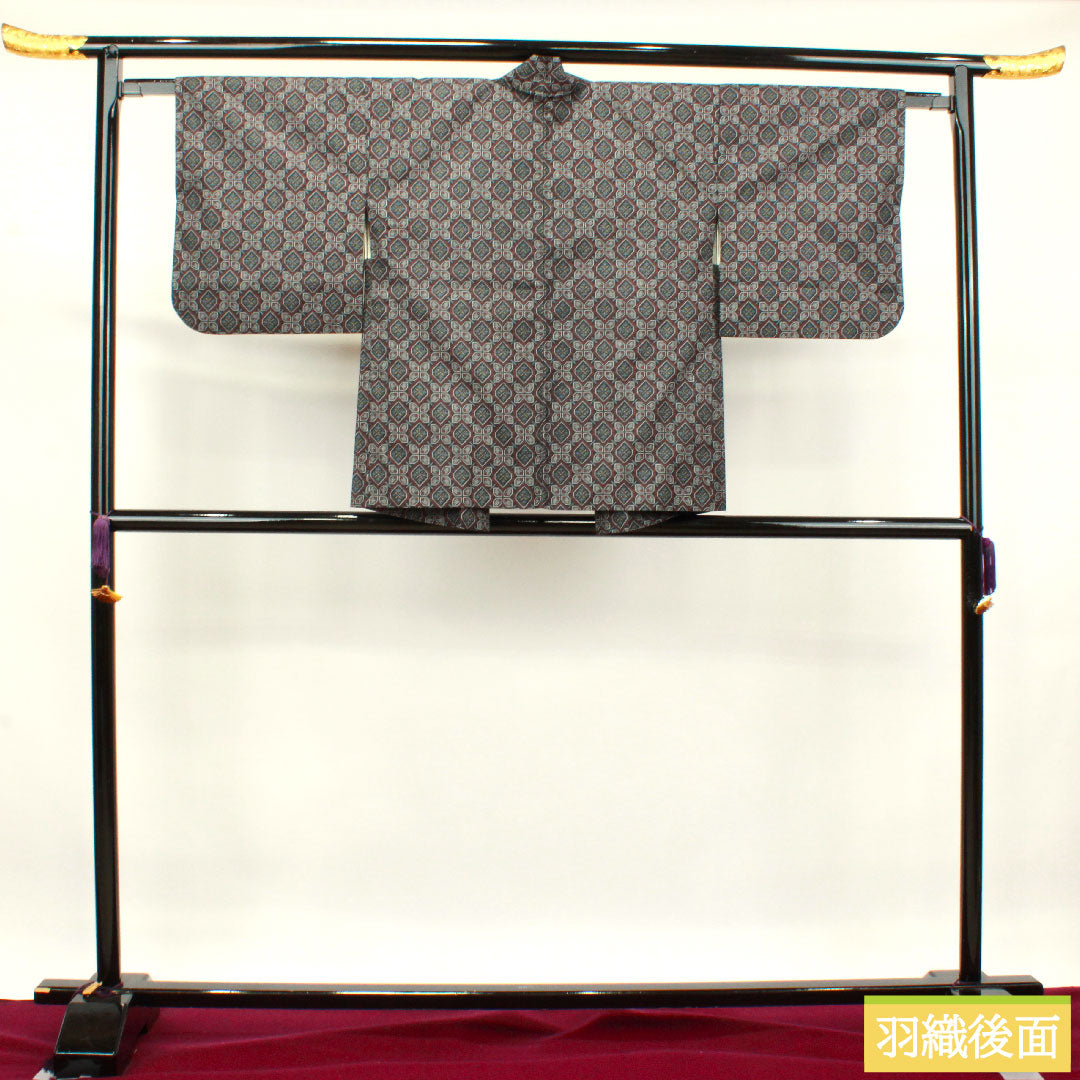 村山大島紬 正絹 身丈153.5cm 裄丈62cm アンサンブル 幾何学模様 Aランク 袷 黒系 1116002973210