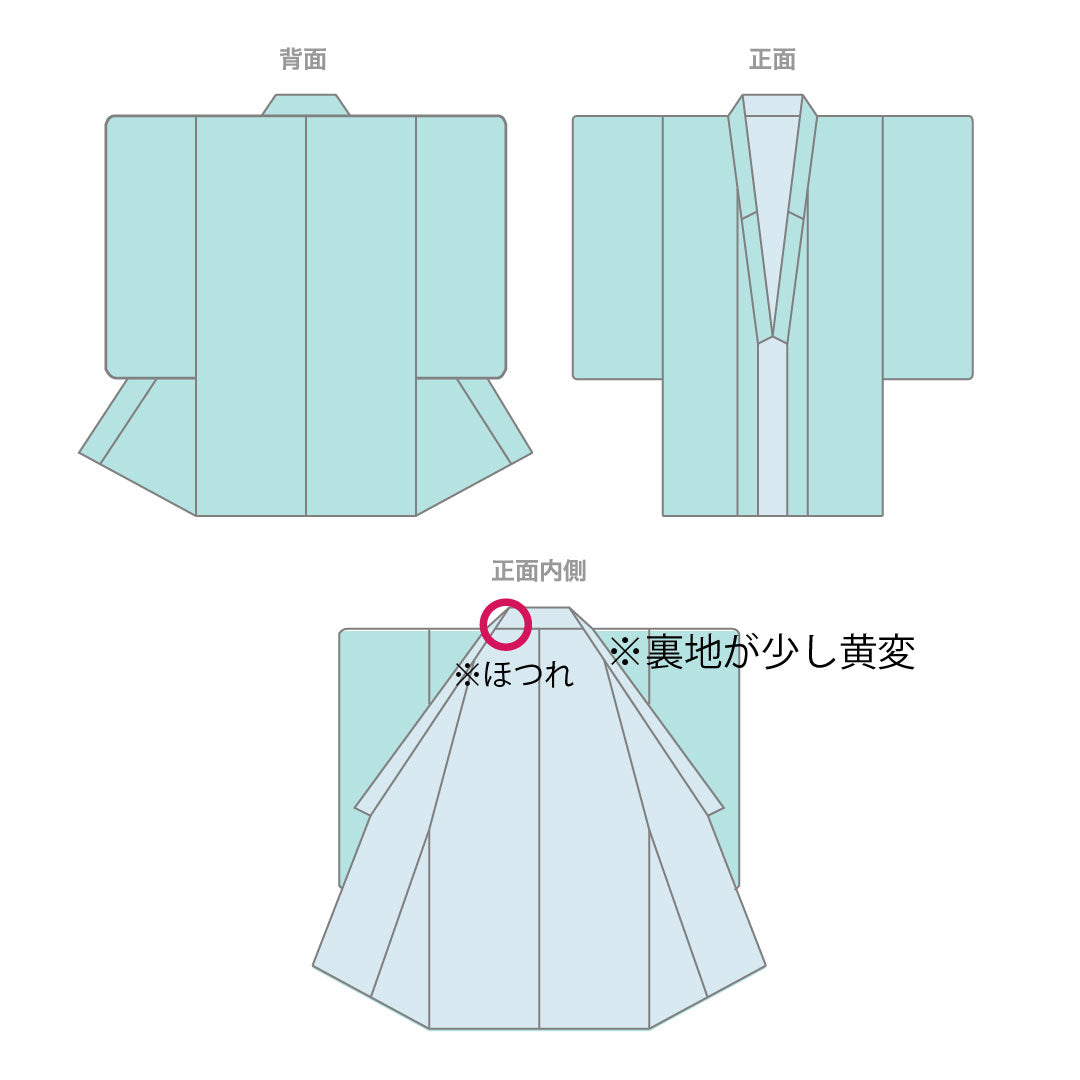 色無地 正絹 身丈157.5cm 裄丈67cm 青丹色(あおにいろ) 素無地 一つ紋 糸輪に違い鷹の羽 袷 Aランク 緑系 1114002113319