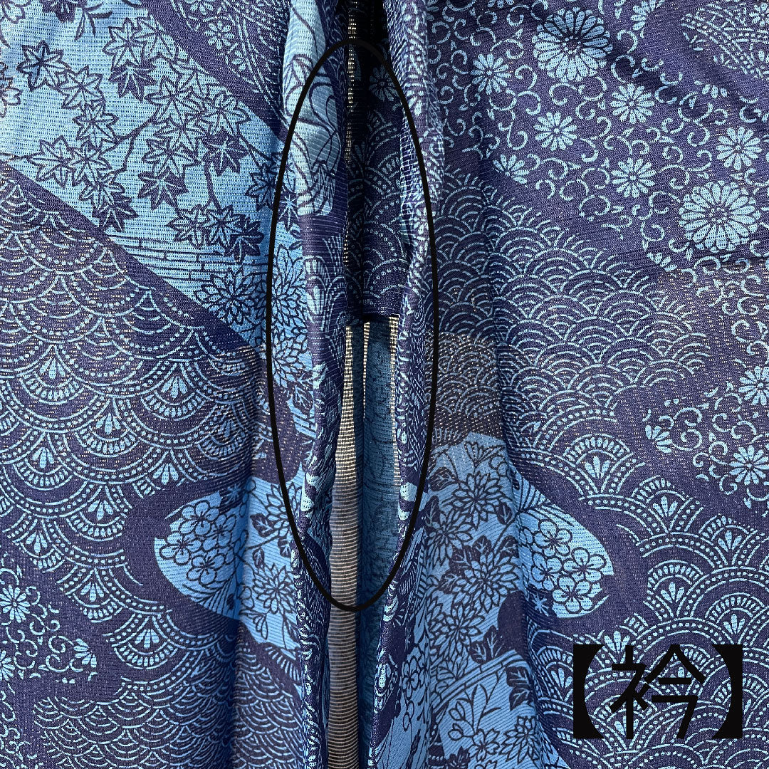 夏物 ポリエステル 小紋 身丈163cm 裄丈67cm 濃紺色(のうこんいろ) 流水 青海波 菊 絽 Aランク 紺系 1132001433418