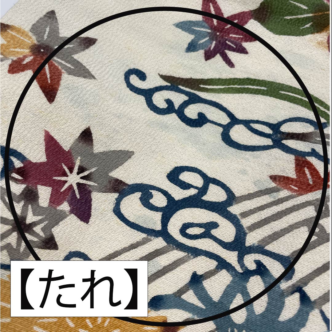 名古屋帯 生成り色(きなりいろ) 京紅型 抽象花 紅葉 帯丈350cm 正絹 Bランク 六通 カジュアル クリーム系 1124006954315 名古屋仕立て