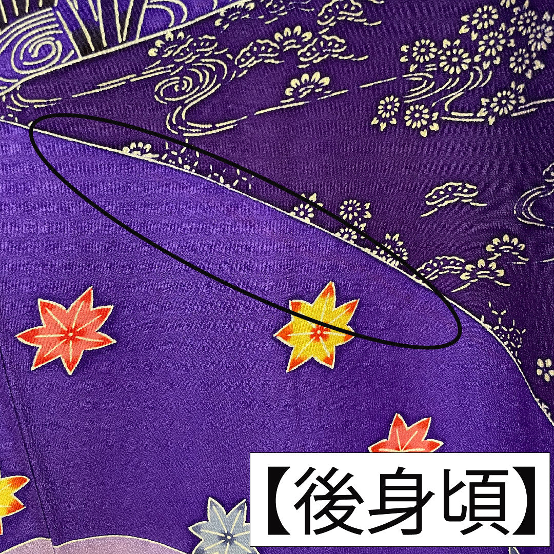 Furisode (long-sleeved kimono) made of pure silk, length 164.5cm, sleeve length 66cm, lined, bellflower color, violet color, Kyoto Bingata, auspicious motif, half-collar, B rank, purple, 1113002014420