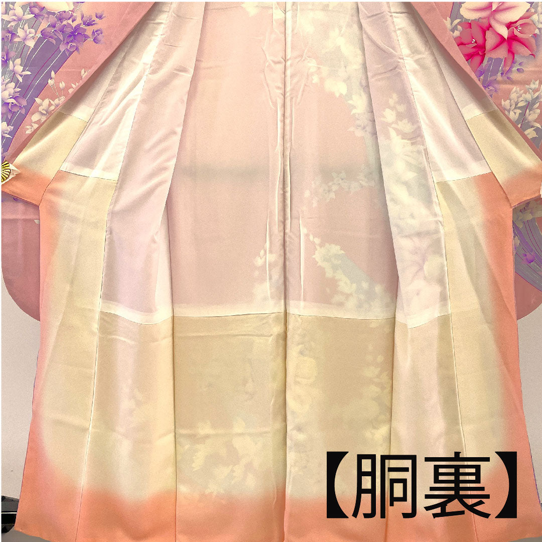 振袖 身丈165.5cm 裄丈64cm 袷 京友禅 花模様 正絹 Aランク ピンク系 1113000563513