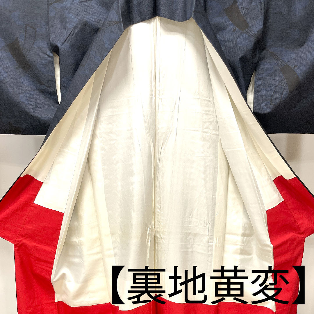 大島紬 身丈164cm 裄丈62cm 経緯絣 扇子 正絹 Aランク 袷 紺系 1116002623418