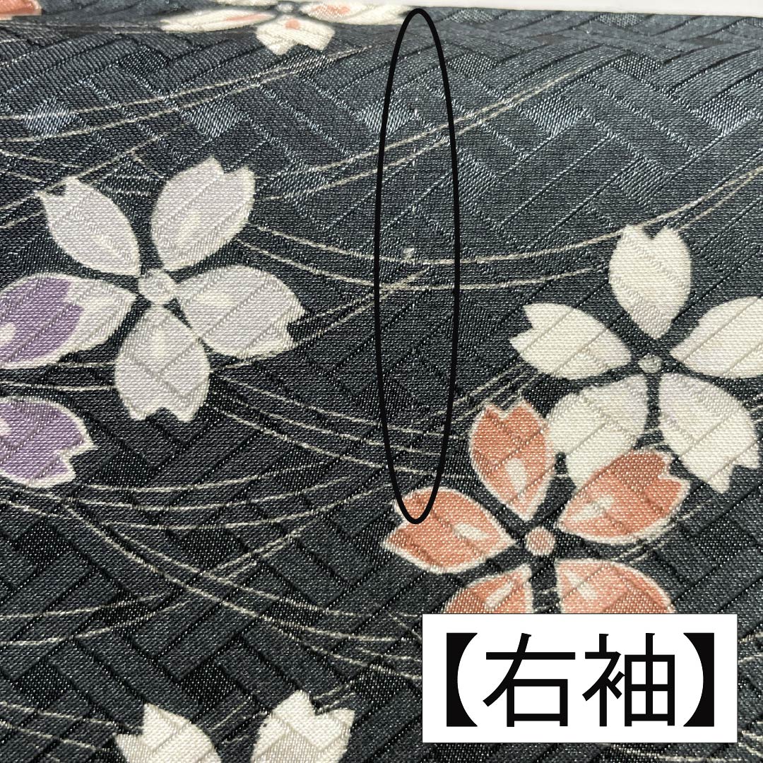 小紋 ポリエステル 身丈164.5cm 裄丈63.5cm 袷 熨斗目色(のしめいろ) 露芝 桜 洗える着物 Sランク グレー系 1115006112422