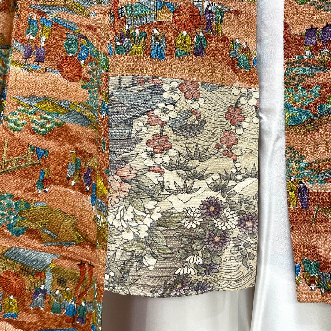 Komon, pure silk, length 155.5cm, sleeve length 66cm, lined, copper color (akaganeiro), historical picture scroll, S rank, brown, 1115005042314