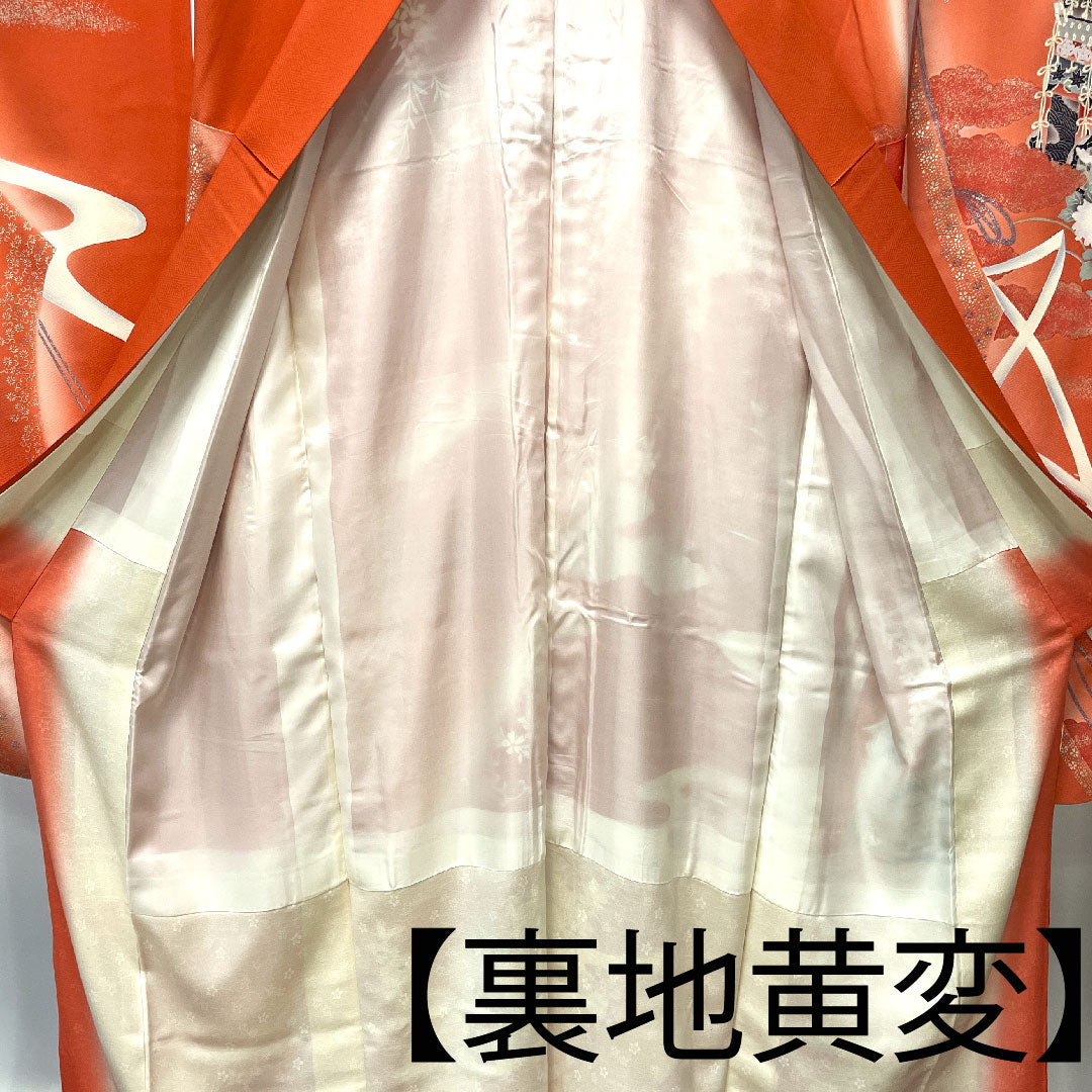 振袖 身丈166cm 裄丈63cm 袷 中紅色 鉾 草花模様 正絹 Aランク 朱系 1113001463516