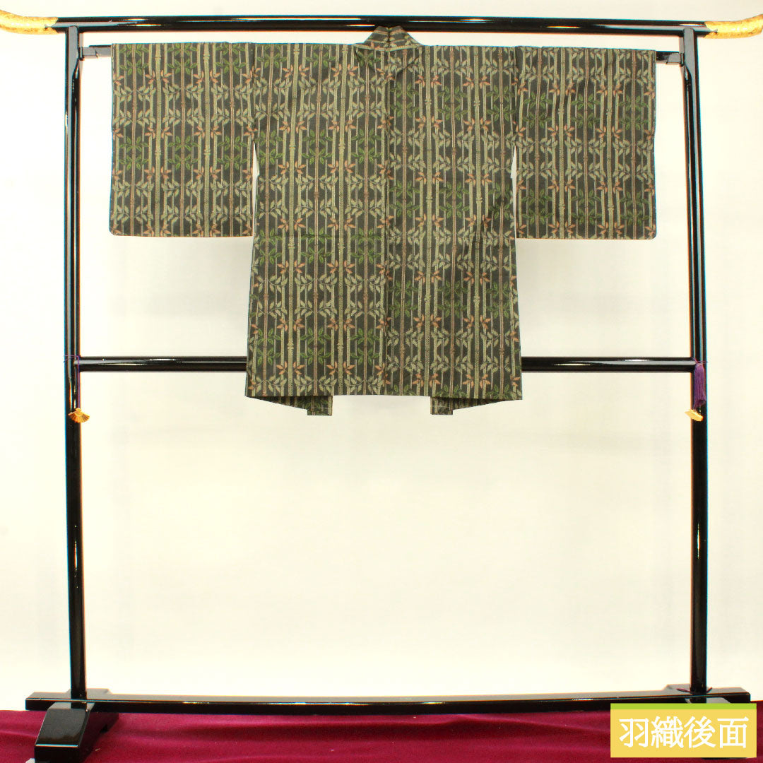 村山大島 正絹 身丈162.5cm 裄丈65.5cm アンサンブル 竹模様 しつけ糸付き 未使用品 Sランク 袷 黒系 1116003252410