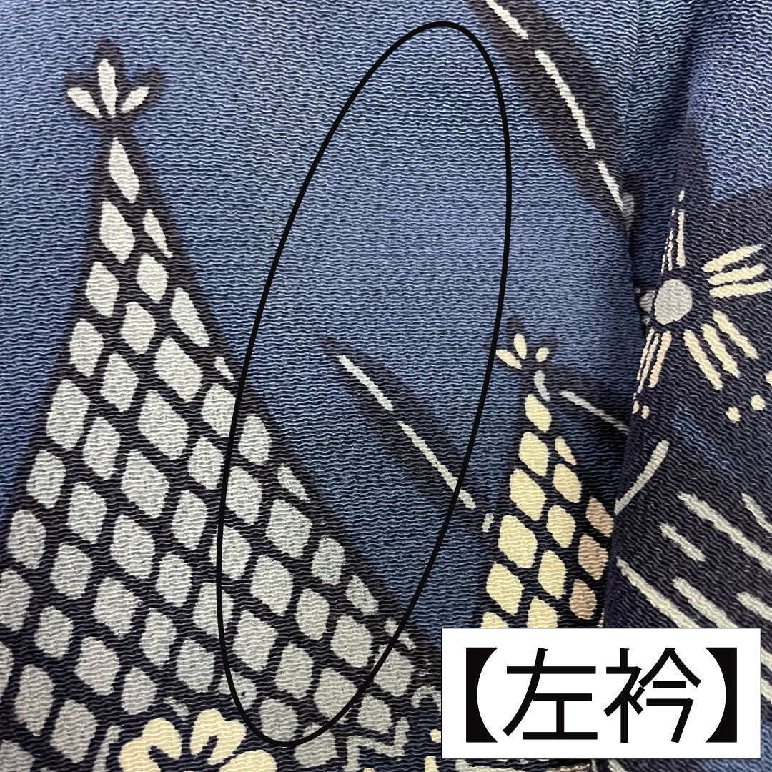 小紋 正絹 身丈158.5cm 裄丈65cm 袷 紺桔梗色(こんききょういろ) 京紅型 白鳥 桜 流水 Sランク 紺系 1115004182318