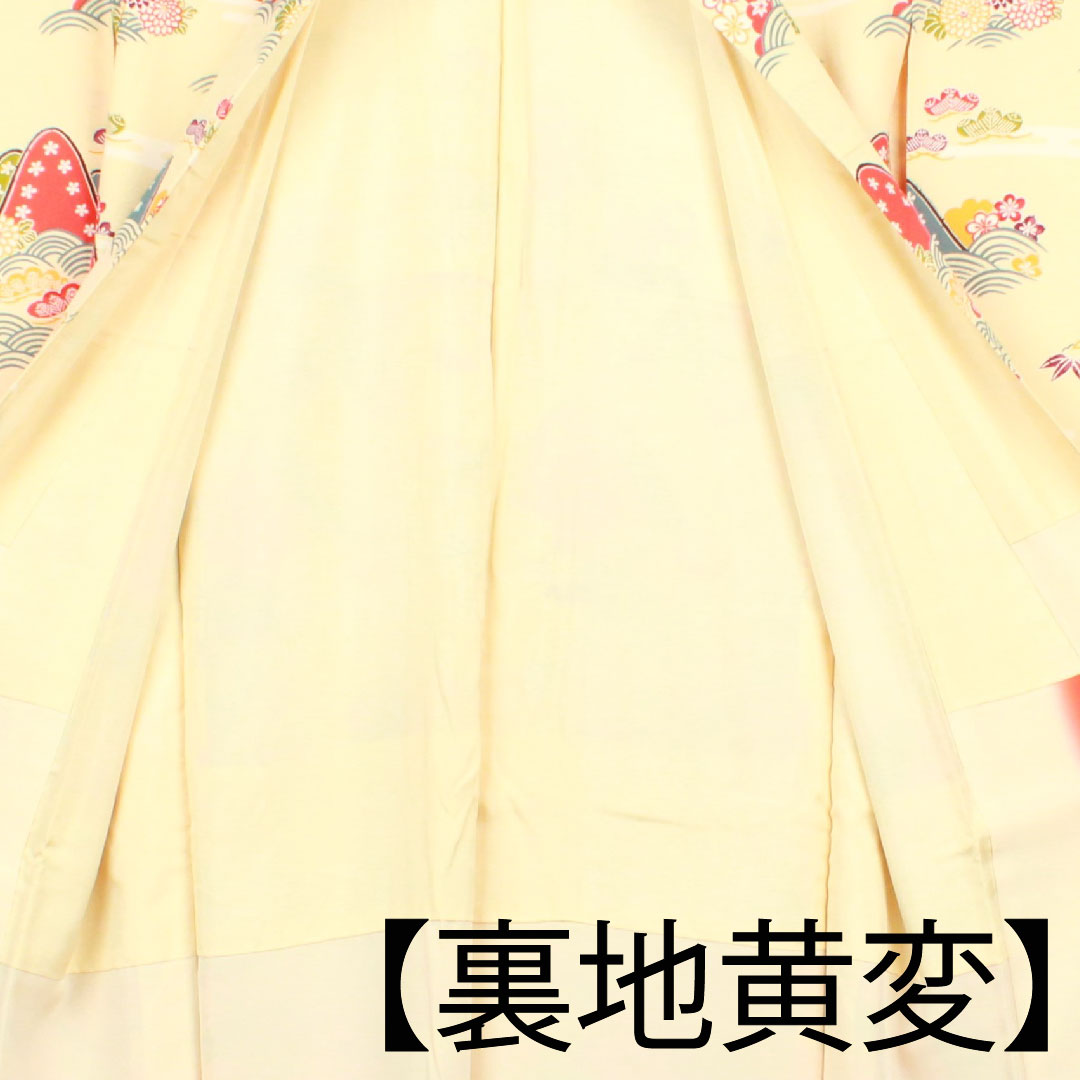 Homongi, lined, length 157.5cm, sleeve length 61.5cm, lacquered, Kyoto Bingata, chrysanthemum, Seigaiha, pure silk, A rank, cream, 1112001673315