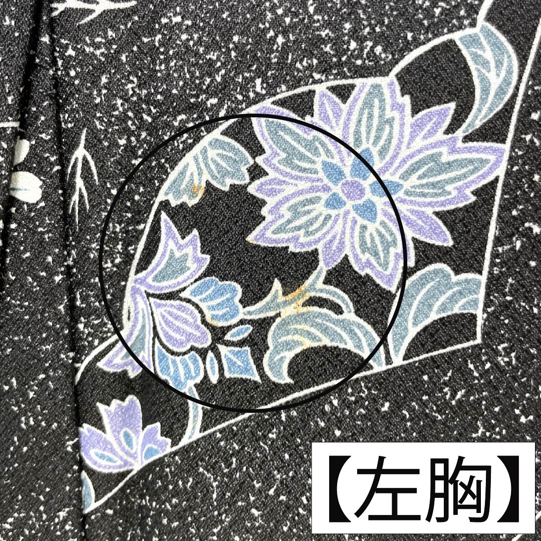 小紋 ポリエステル Aランク 身丈154.5cm 裄丈64.5cm 単衣 洗える着物 草花模様 黒系 1115008183210