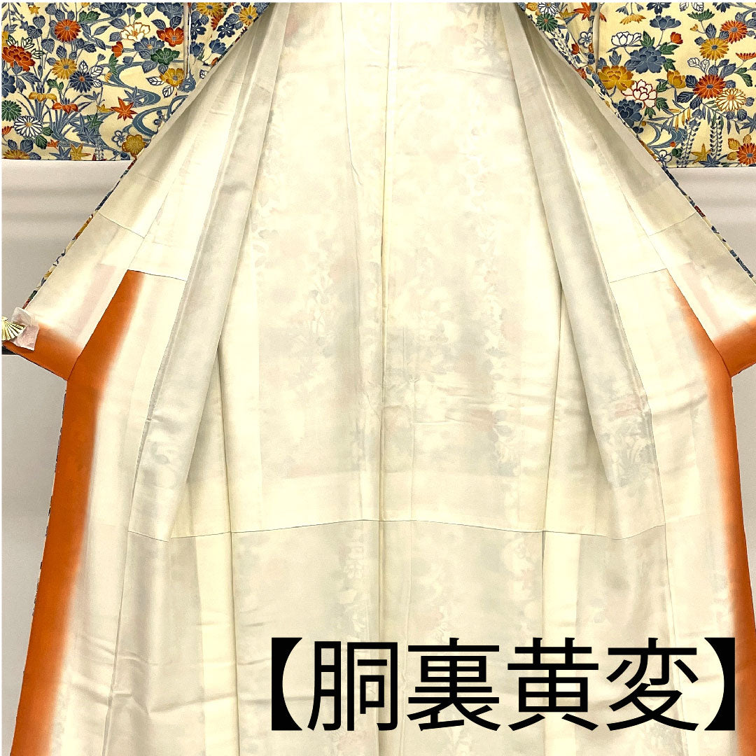 小紋 身丈163cm 裄丈66cm 袷 草花模様 ポリ Aランク クリーム系 1115001663415