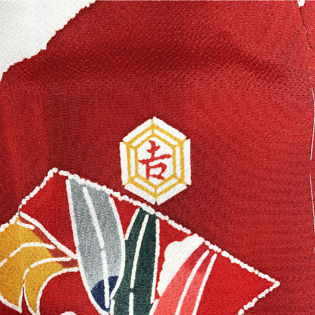 振袖 正絹 身丈157.5cm 裄丈66.5cm 袷 猩々緋色 栗山吉三郎 京紅型 吉祥文様 しつけ糸付き 未使用品 Sランク 赤系 1113001842312