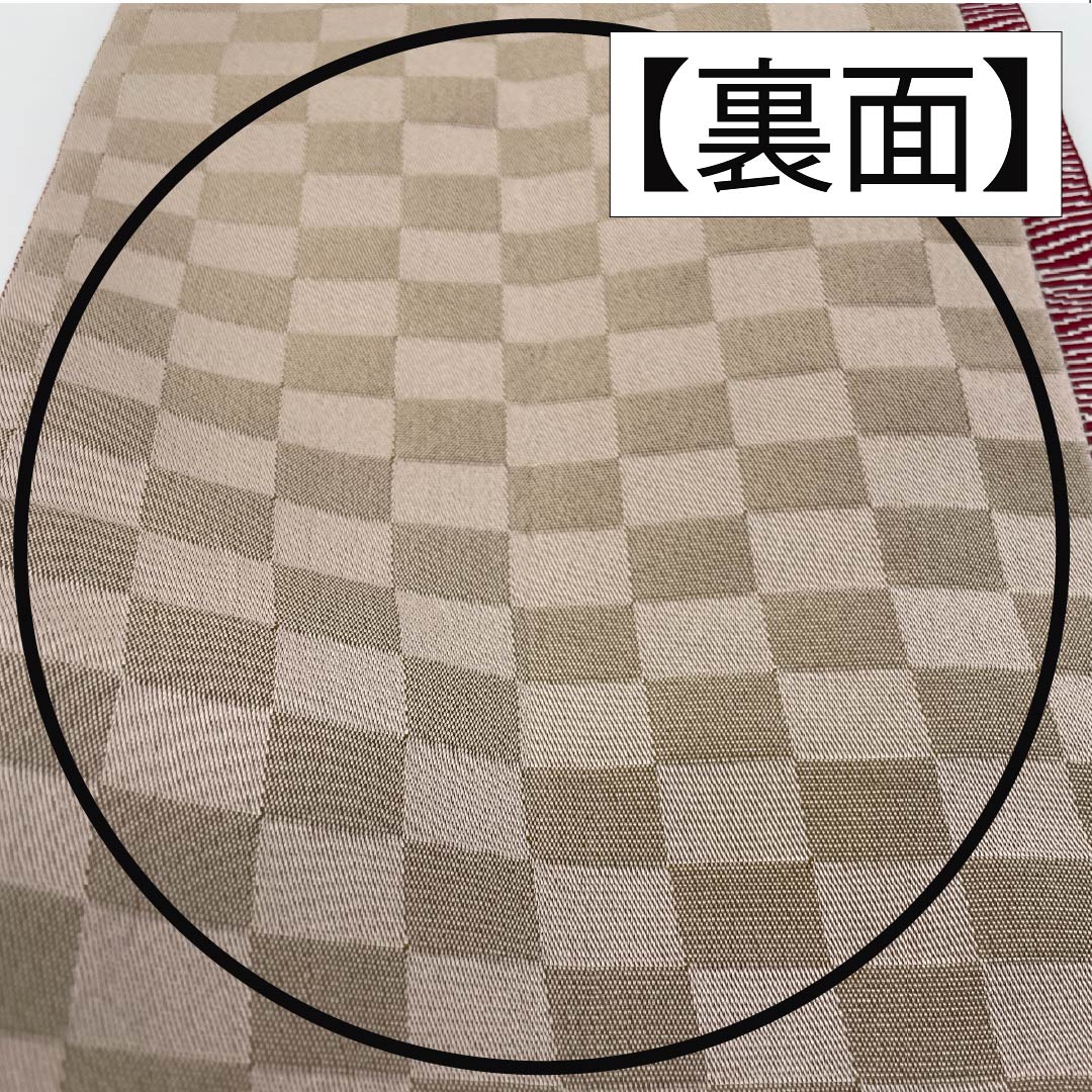 半幅帯 ポリエステル 帯丈400cm 臙脂色(えんじいろ) よろけ縞 ネコ 赤系 Sランク 1125001602412