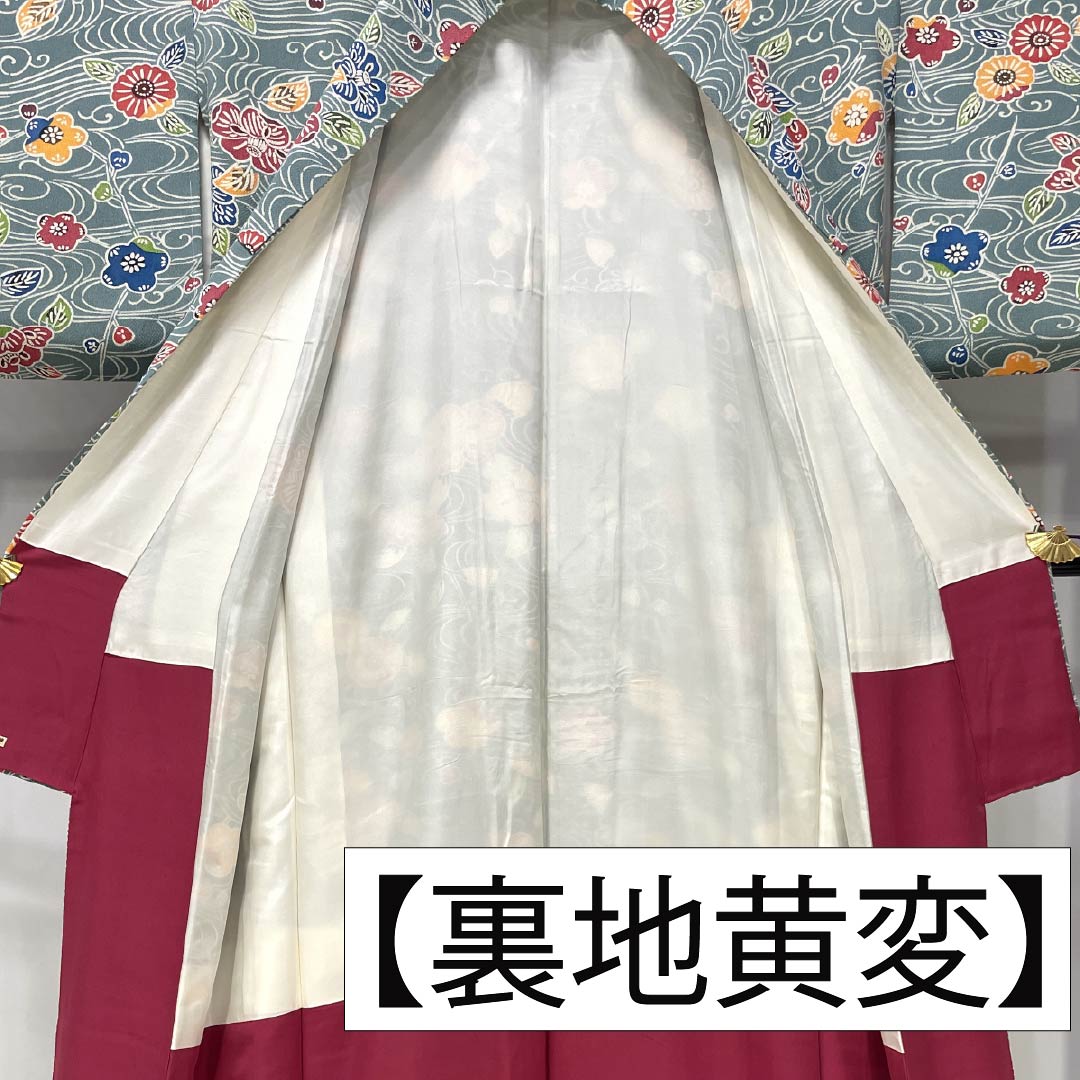 Komon (small pattern) kimono, pure silk, length 169.5cm, sleeve length 68.5cm, lined, Yamaaizuriiro (mountain indigo) color, Kyoto Bingata crepe fabric, flowing water and floral pattern, A rank, blue, 1115006163517