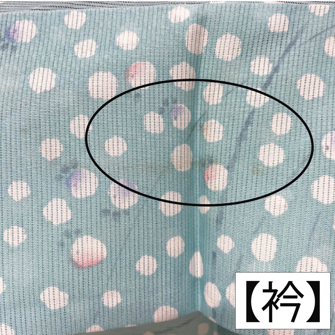 夏物 ポリエステル 小紋 Aランク 身丈162.5cm 裄丈64.5cm 瓶覗色(かめのぞきいろ) 水玉 洗える着物 絽 水色系 1132005163424