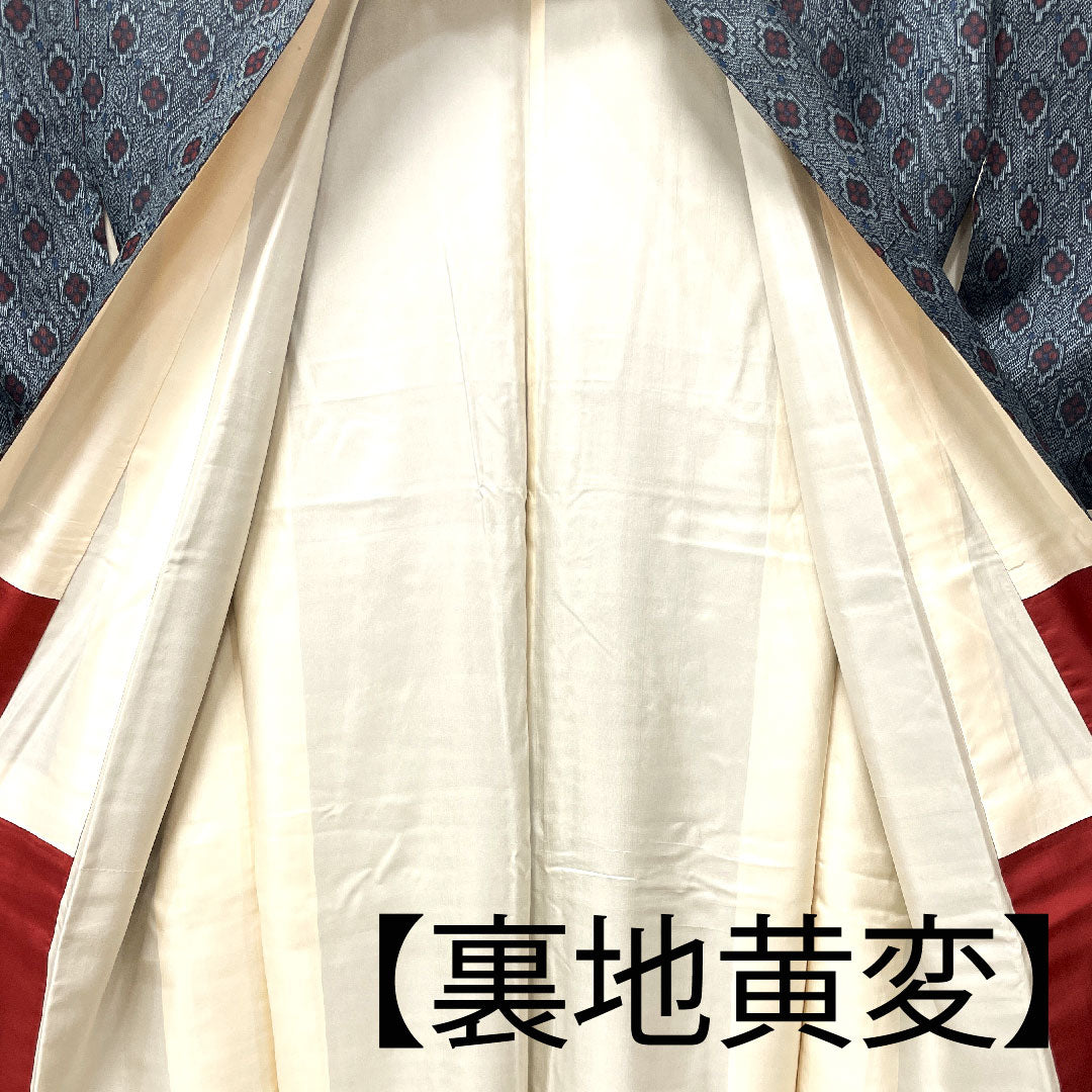村山大島 身丈154cm 裄丈63cm 幾何学模様 正絹 Aランク 袷 紺系 1116002133218