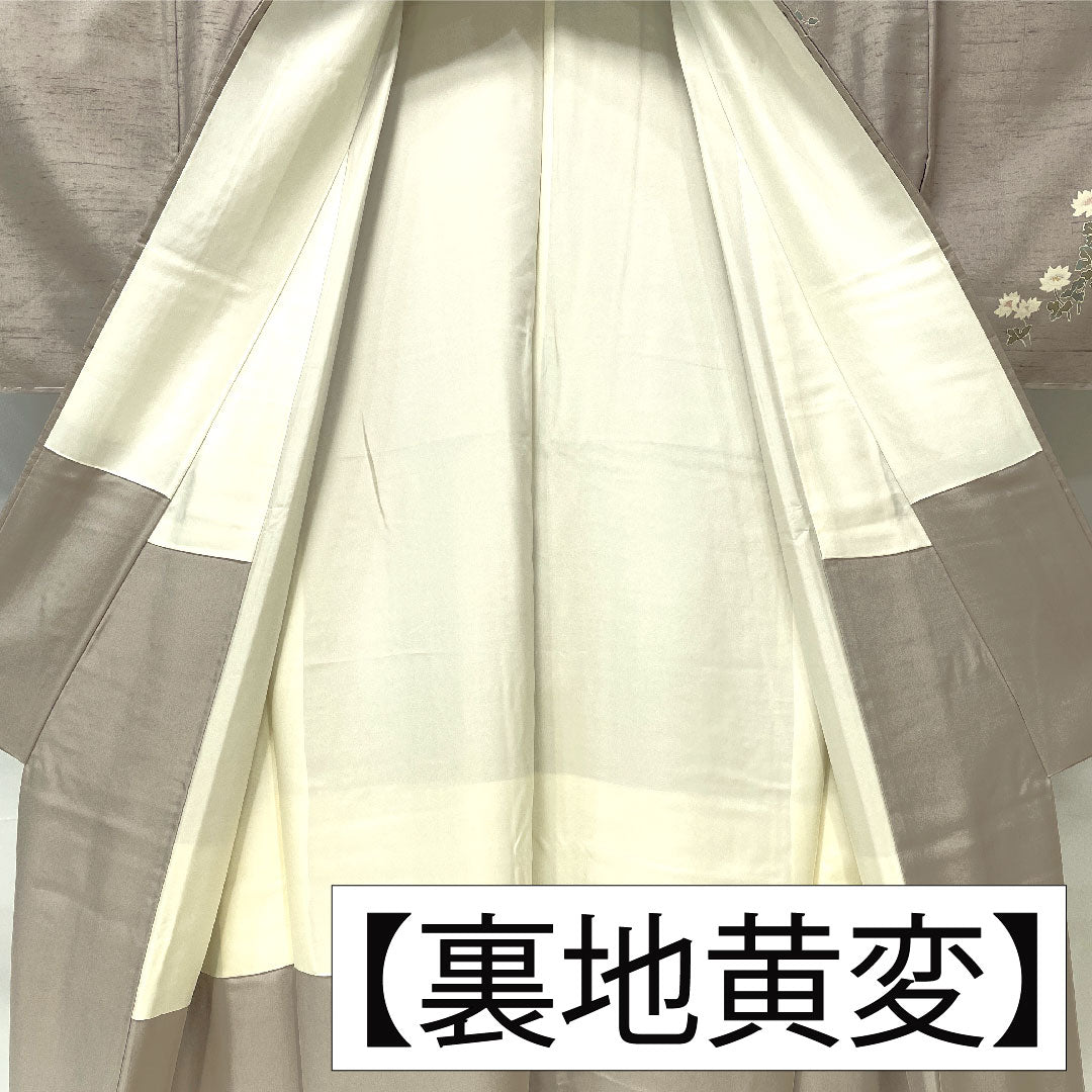 Homongi (formal kimono) made of pure silk, lined, length 151.5cm, sleeve length 61cm, dull purple, pongee fabric, cow-neck pongee, floral pattern, S rank, purple, 1112005332220