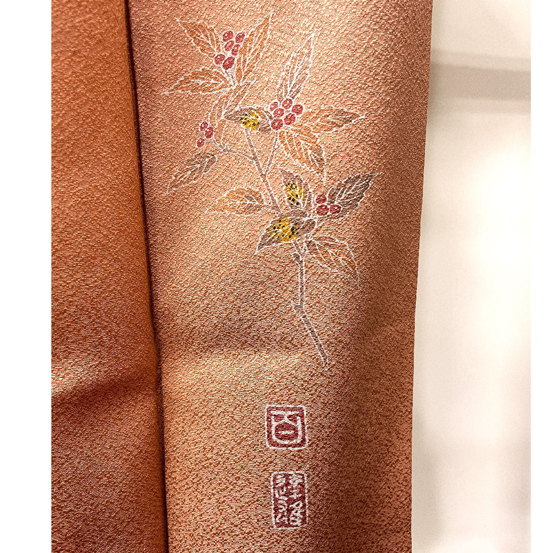 色無地 正絹 桃染色 百貫達雄 加賀友禅 五三桐 身丈158cm 裄丈62.5cm 袷 Aランク ピンク系 1114000953313