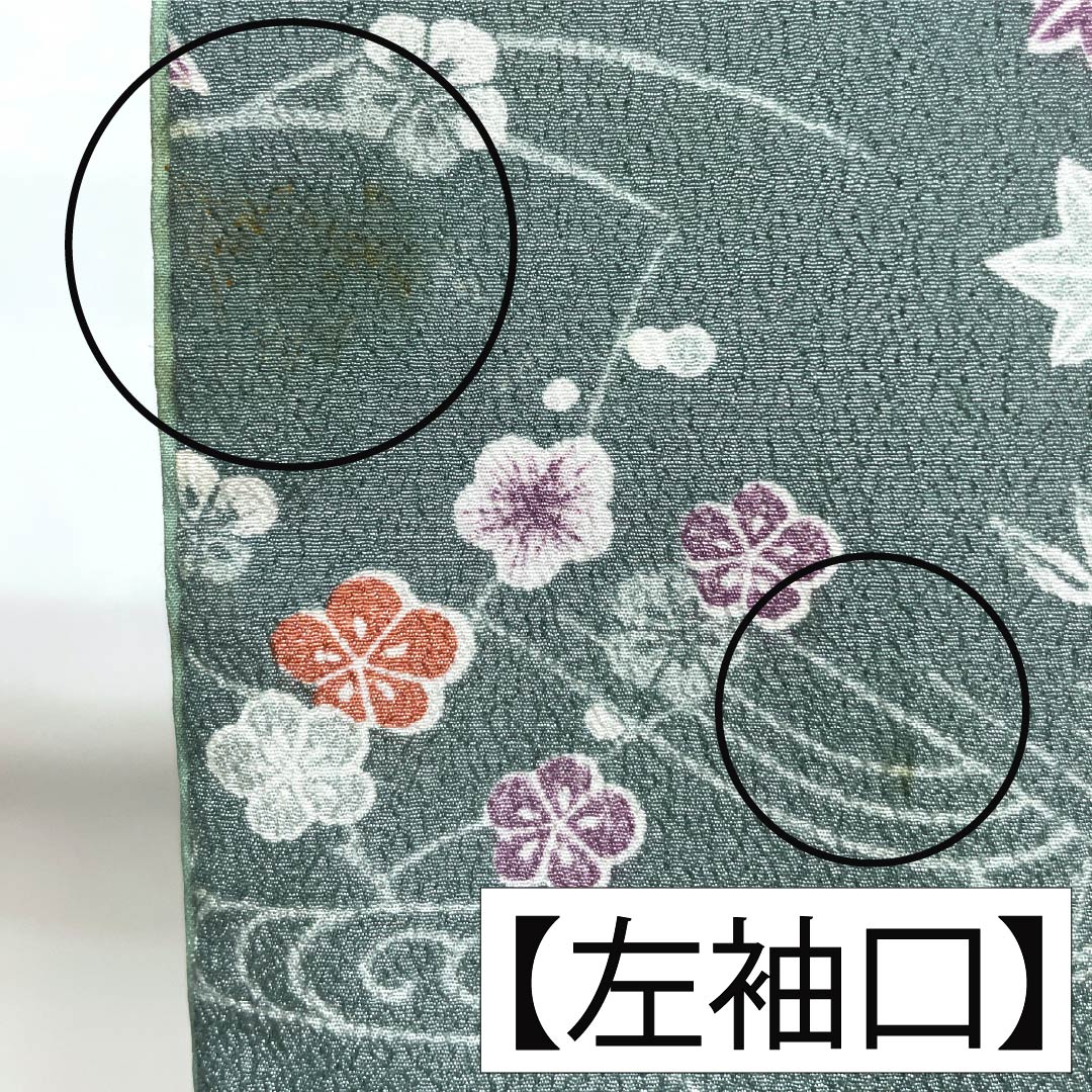 小紋 ポリエステル 身丈158.5cm 裄丈63cm 袷 山藍摺色(やまあいずりいろ) 洗える着物 草木模様 Aランク 緑系 1115005143319