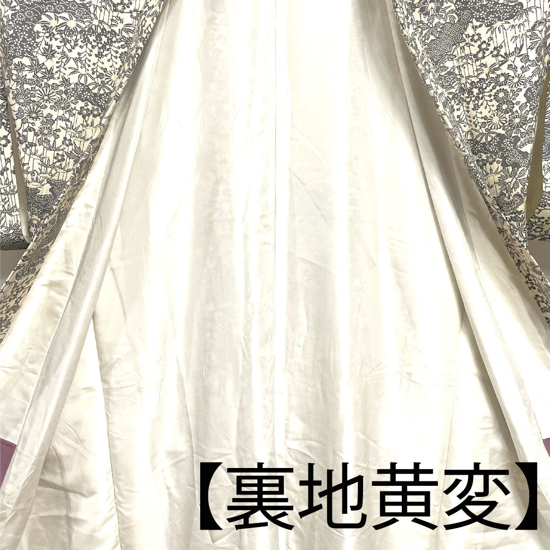 小紋 身丈164cm 裄丈64.5cm 袷 練色 型染 吉祥文様 正絹 Aランク クリーム系 1115002433415