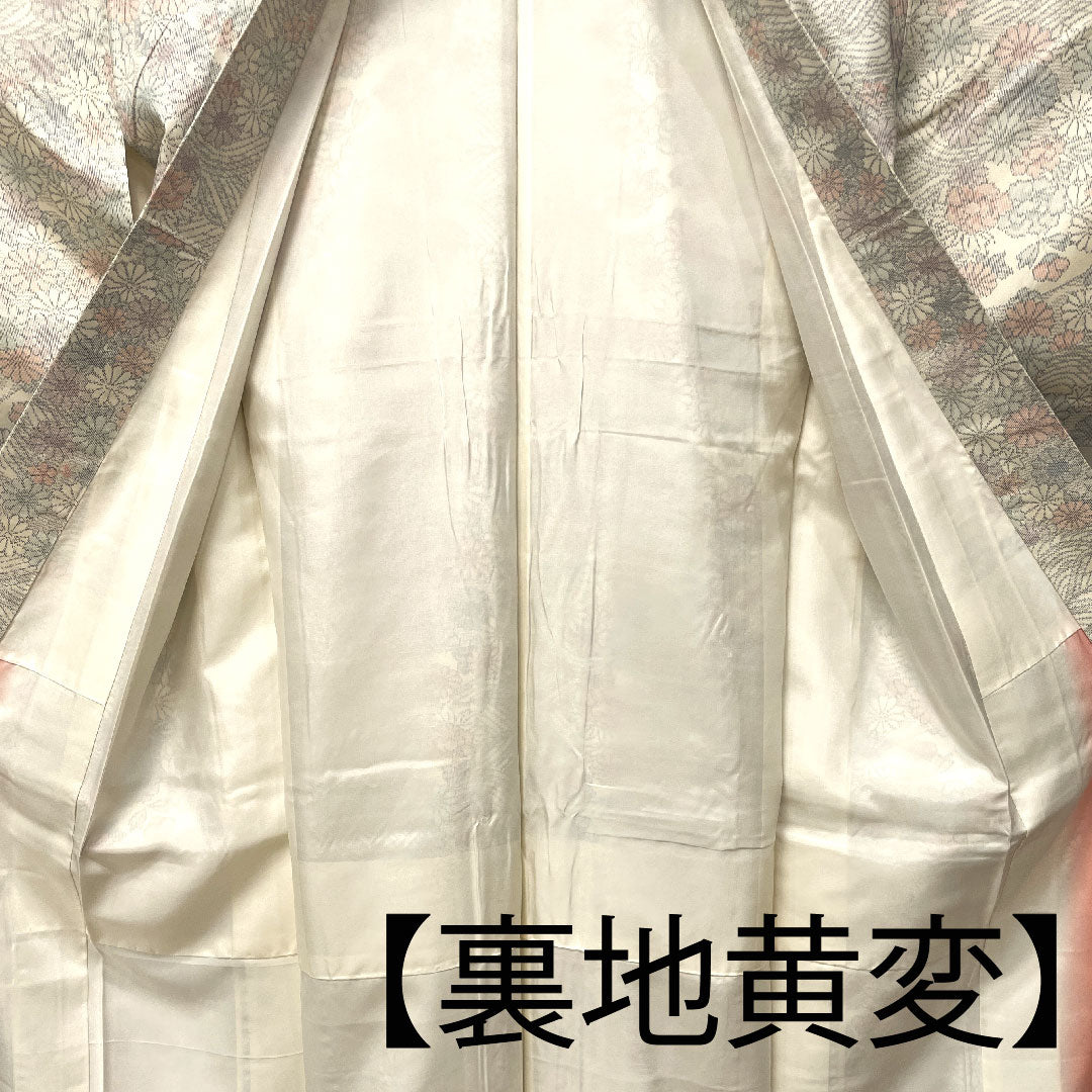 紬 身丈153cm 裄丈62.5cm 草花模様 ポリ Aランク 袷 白系 1116002143211