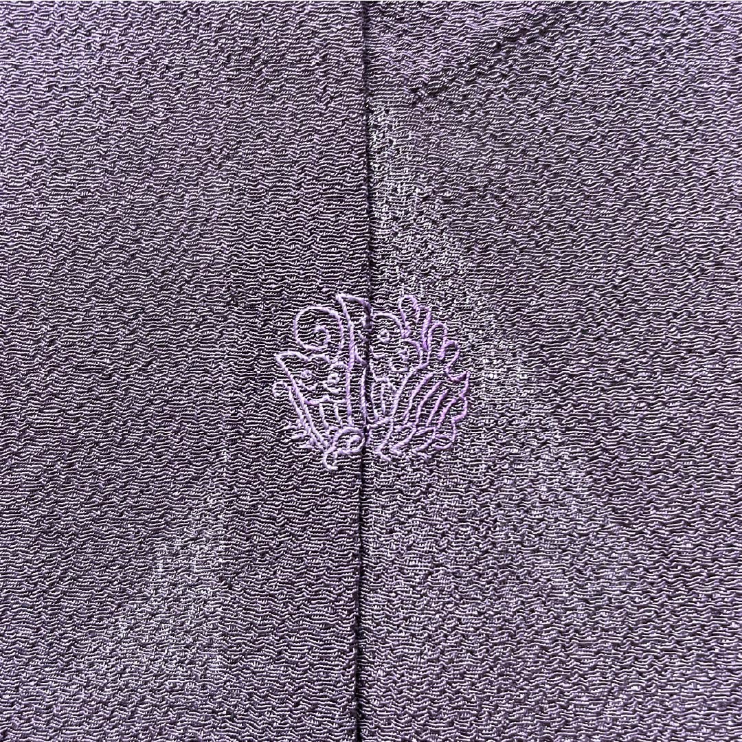 Solid-colored polyester kimono, length 158.5cm, sleeve length 64cm, purple-black (shikoku shoku), plain kimono with one crest and a shadow-swallowing butterfly design, S rank, purple, product number 1114002162320