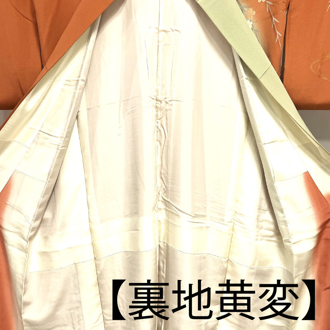 訪問着 袷 身丈145cm 裄丈63cm 珊瑚色 京友禅 桜 流水 正絹 Aランク 朱系 1112002053116