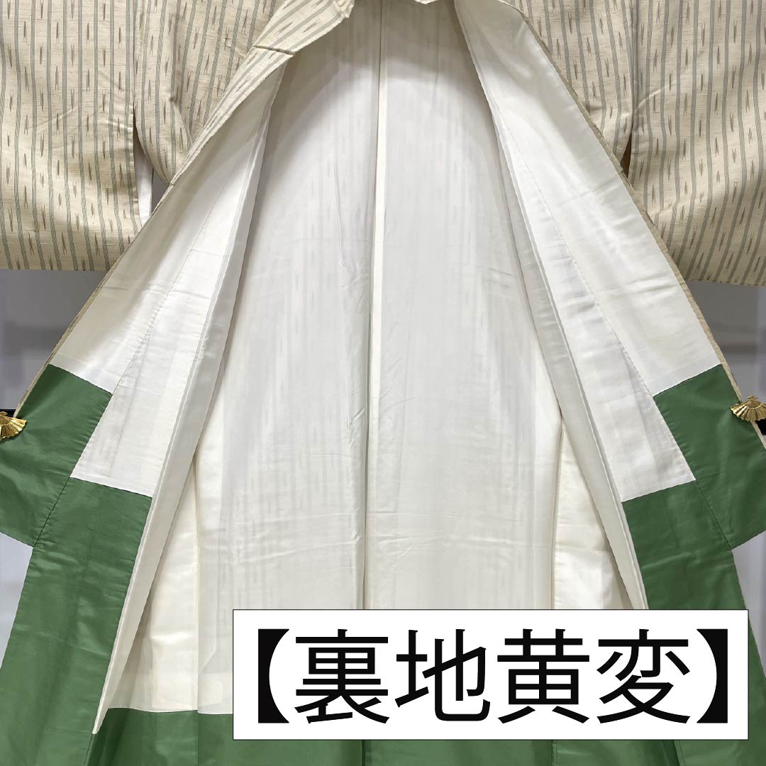 紬 正絹 Aランク 身丈171cm 裄丈68cm 鳥の子色(とりのこいろ) 真綿紬 縞 絣 袷 ベージュ系 1116004233625