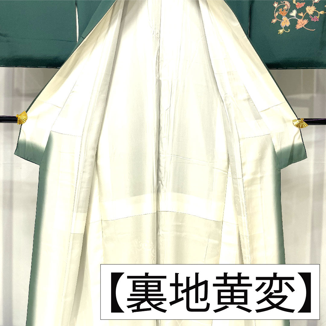 訪問着 正絹 袷 身丈160cm 裄丈63.5cm 柚葉色(ゆばいろ) 京友禅 更紗模様 Sランク 緑系 1112005052419