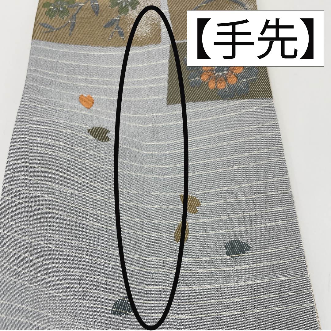 半幅帯 ポリエステル 帯丈440cm 水銀色(すいぎんいろ) 古典柄 花柄 長尺 グレー系 Sランク 1125001522422