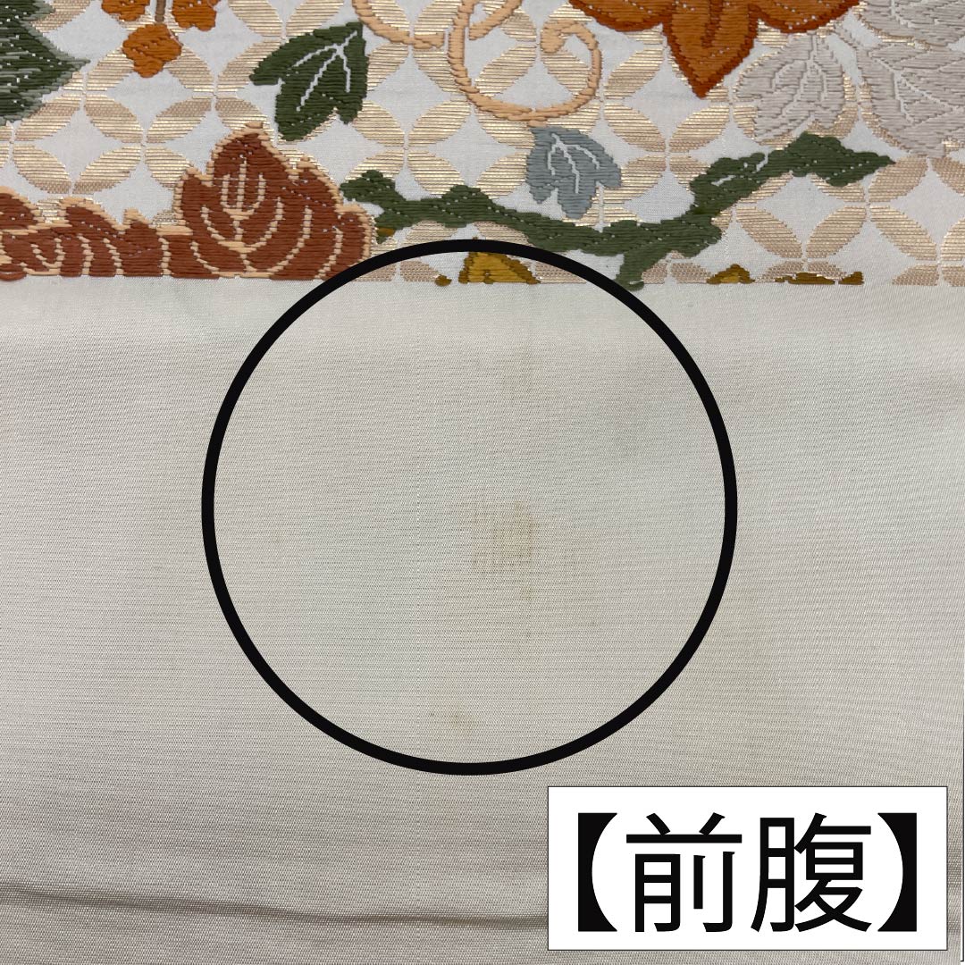 袋帯 正絹 胡粉色(ごふんいろ) 唐織 七宝桐鉄線文 帯丈422cm Aランク 六通 フォーマル 白系 1123014093311