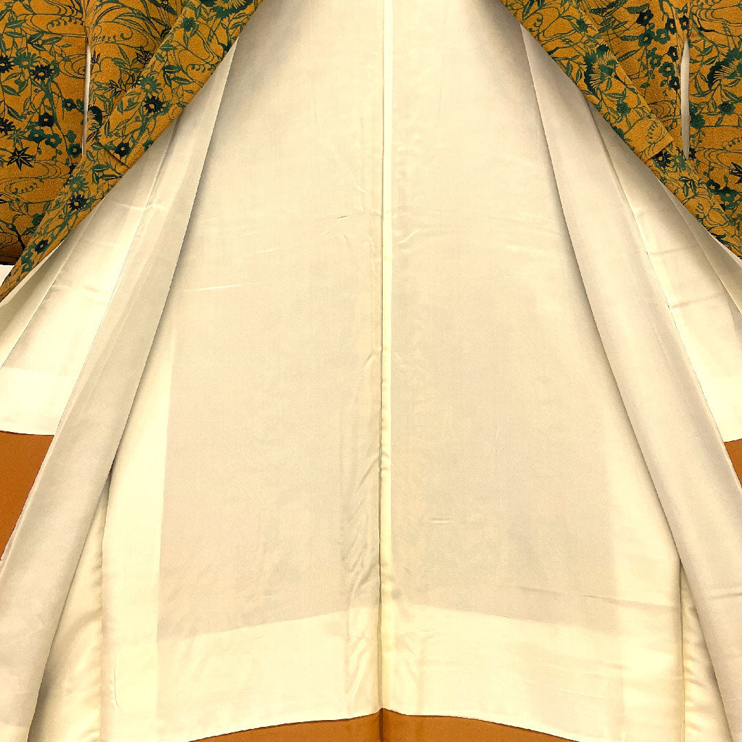 小紋 身丈161cm 裄丈63cm 袷 作家物 鶴に草花 型染 正絹 Aランク 茶系 1115000293314