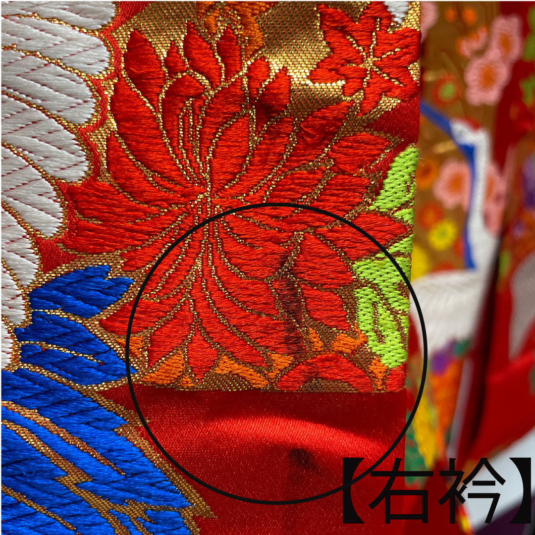 色打掛 身丈193cm 緋色 唐織 熨斗 鶴 正絹 Aランク 袷 朱系 1110000273916